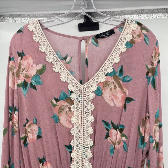 Nimi K Floral Romper Long Sleeve Crochet Trim Keyhole Womens Size Large - Picture 2 of 9